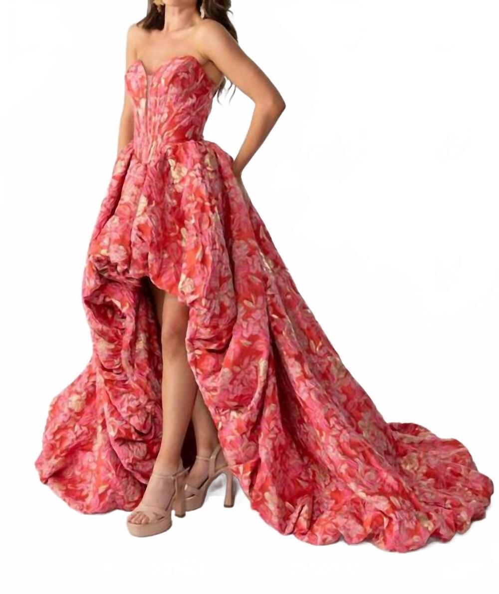 NEW RACHEL ALLAN jacquard print high low gown in coral multi